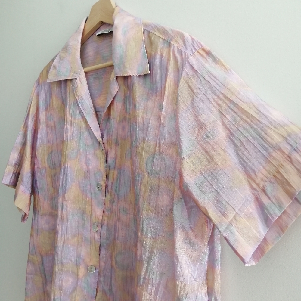 & Other Stories Boxy Short Sleeve Button Blouse Crinkle Pink Orange Blue Size 4 - Picture 4 of 14